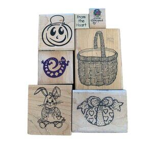 Wooden Rubber Stamp Set Lot Pumpkin Basket Bunny & More Designs Craft Fun